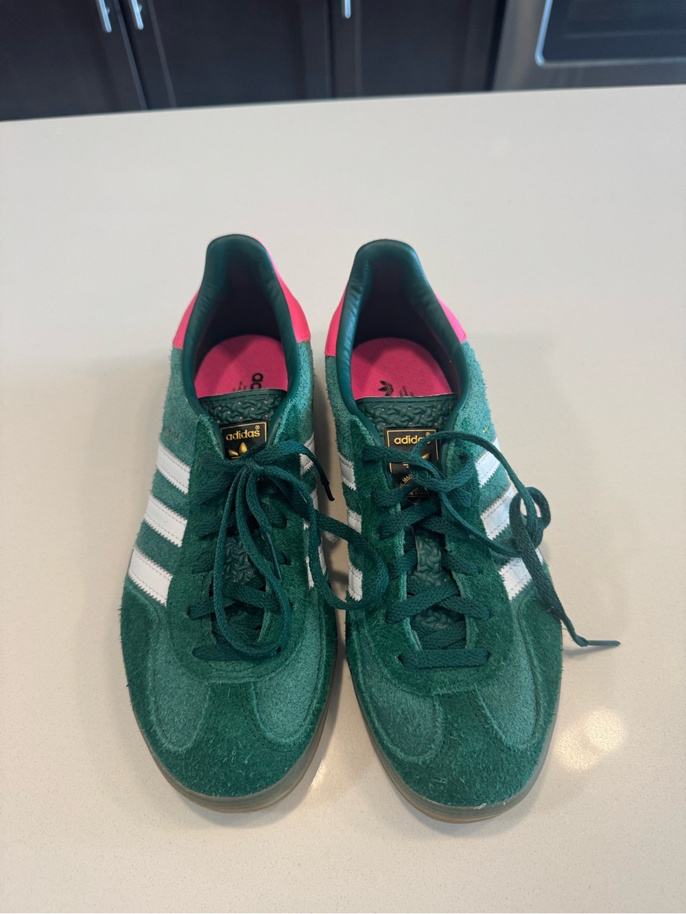 adidas Teal Suede Sneakers with White Stripes and Pink Insole